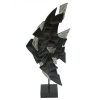 Wooden Patchwork Fish Sculpture With Silver Accents On Stand