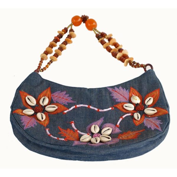 BG-027 Denim Handbag With Embroidered Shells And Beaded Handle. One of Many Beautiful Accessories from Adesso Wholesale.