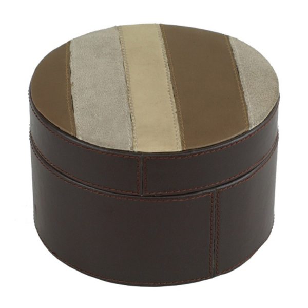 BO-220 Large Brown Faux Leather Round Storage Box With Brown And Beige Stripe Lid. One of Many Accessories from Adesso Wholesale.