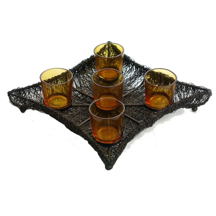 CA-273 Wire Work Tray With Five Amber Glass T-Lite Holders. One of Many Beautiful Exclusive and Luxurious Accessories from Adesso Wholesale.