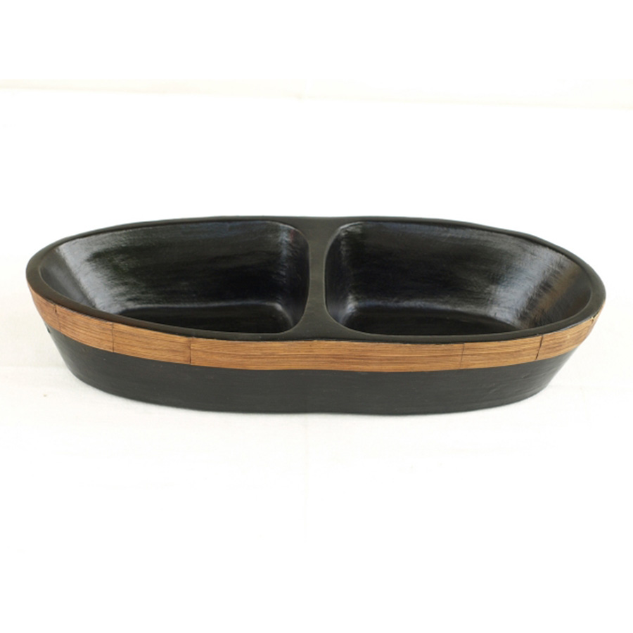 CE-039 Black Terracotta Oval Platter With Two Sections And Stained Bamboo Trim. One of Many Beautiful Handcrafted Accessories from Adesso Wholesale.