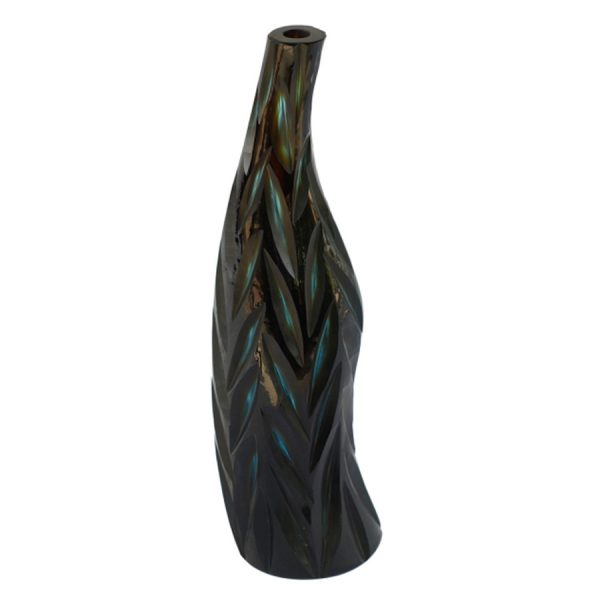 Large Thick Anthracite Glass Vase With Deep Off Vertical Deep Cuts Exposing Green Glass Underneath. One of Many Accessories from Adesso Wholesale.
