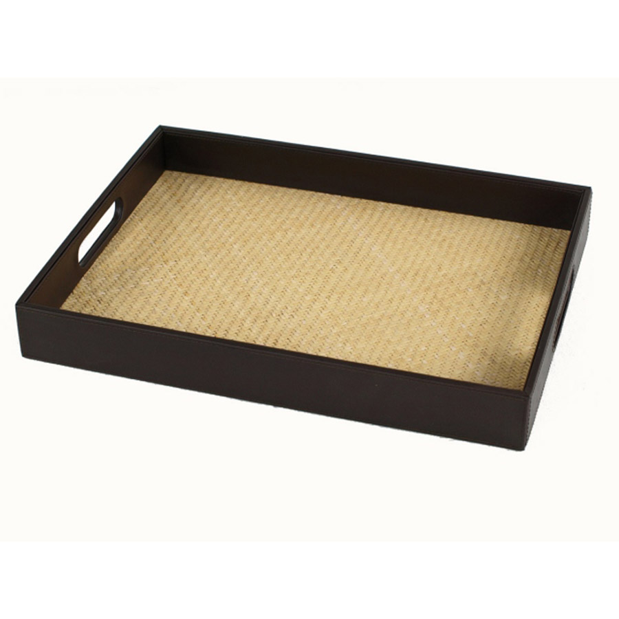 TR-102 Brown Faux Leather Rectangular Tray With Woven Rattan Inside. One of Many Beautiful Exclusive and Luxurious Accessories from Adesso Wholesale.